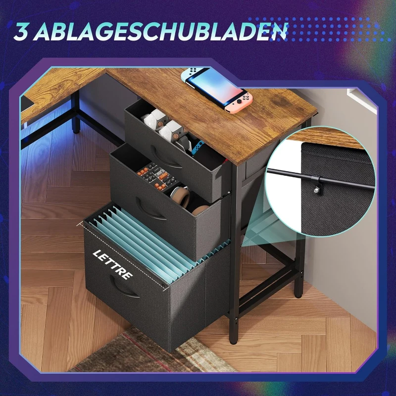 Bureau d'angle en L, LED pilotable via application et station d'alimentation intégrée, 167,5x50x87,5 cm, marron