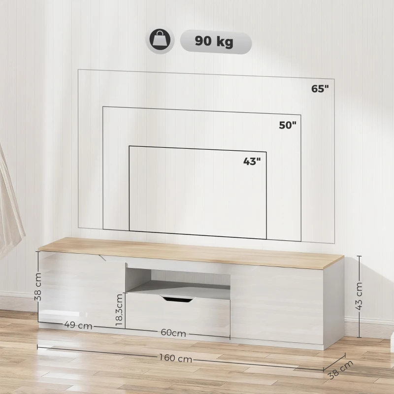 HOMCOM TV-Lowboard, Hochglanz, für Fernseher bis 65'', 3 Fächer, Schublade, 160 x 38 x 43 cm, Naturholz