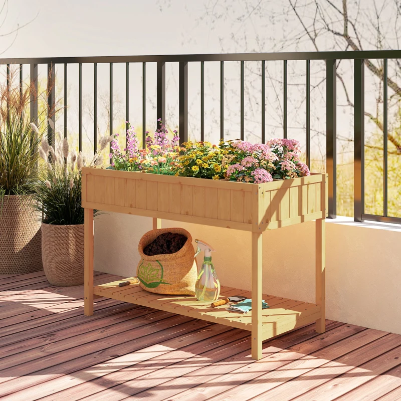 Outsunny Huerto Urbano de Madera Mesa de Cultivo con Estante Inferior Jardinera Elevada para Cultivo 110x46x76 cm Natural