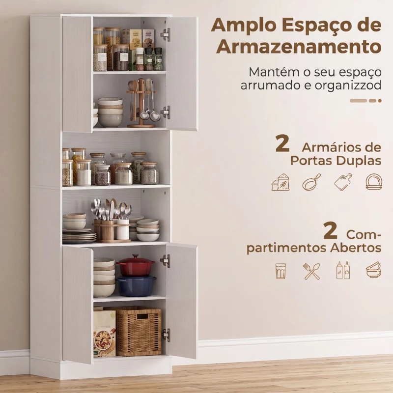 HOMCOM Armário de Cozinha com 4 Portas de Fecho Suave Prateleiras Ajustáveis e 2 Compartimentos Abertos Branco