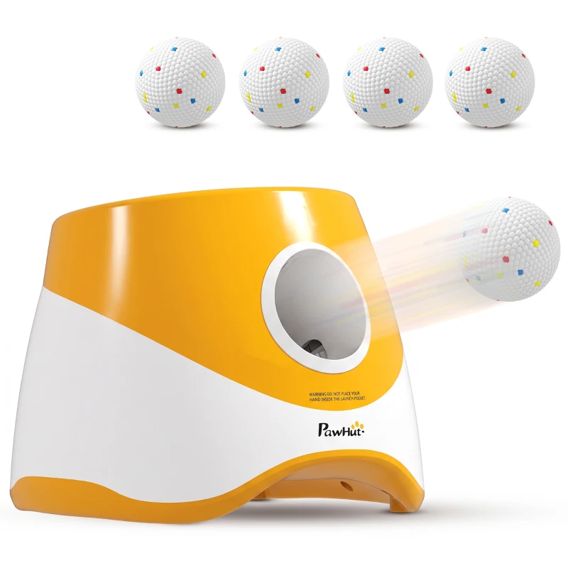 PawHut Automatic Dog Ball Launcher with 5 ETPU Balls 5.8 cm, 3 Distance Settings 6/10/14 m, Orange
