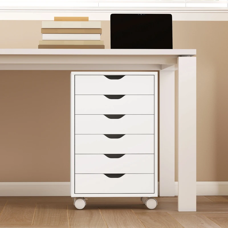 HOMCOM 6 Drawer Vertical File Cabinet, Mobile Filing Cabinet with Quiet Drawers and Wheels with 2 Brakes, White