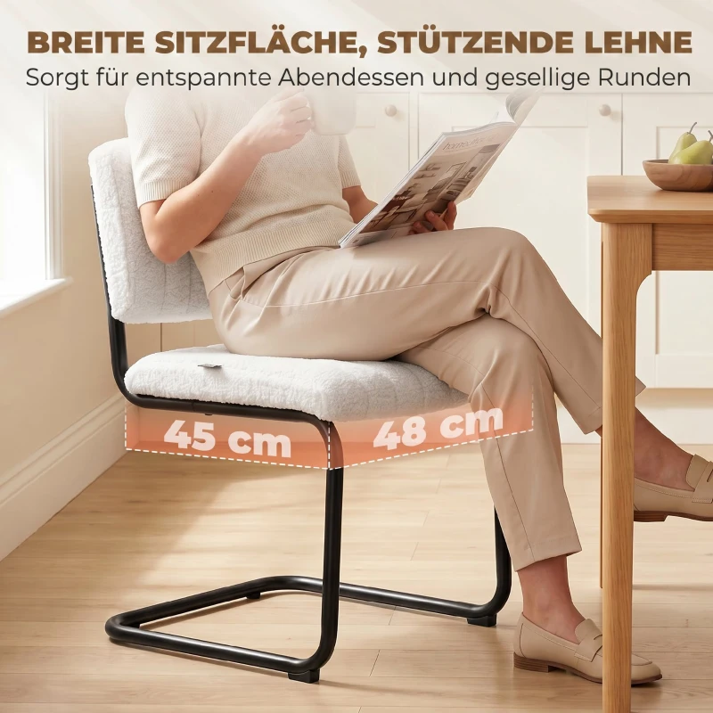 HOMCOM Esszimmerstühle 2er Set modern Freischwinger Stuhl mit hoher Rückenlehne, Teddyfleece-Optik für Küche, Esstisch Creme