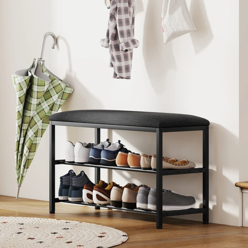 HOMCOM Schoenenbank met zitting, zitbank met opbergruimte, schoenenrek met 2 open vakken, zitbank 81 x 31 x 50 cm Zwart(m-8)