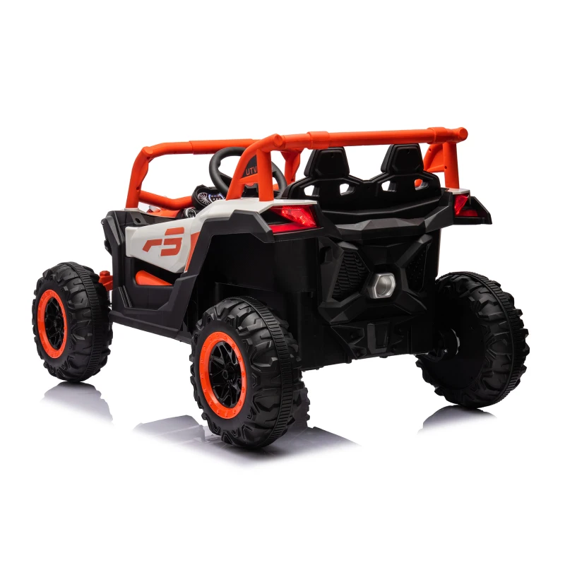 12V Veicolo elettrico per bambini, 2 posti, ammortizzazione anteriore/posteriore e funzione a dondolo, 111x70x63 cm, bianco+arancione chiaro