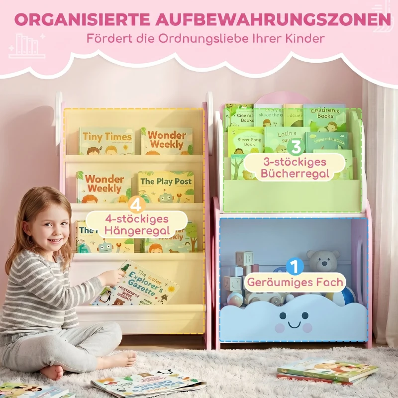 AIYAPLAY 3-in-1 Kinderregal mit Spielzeugaufbewahrung, Modularer Bücherregal mit 4 Taschen & 3 Ebenen sowie Nachttisch, Rosa