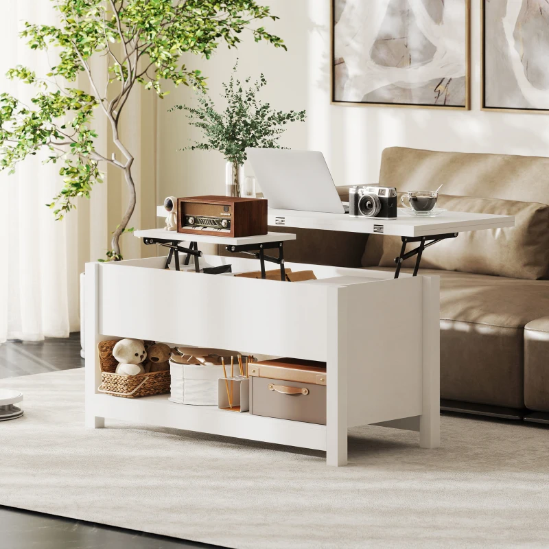 HOMCOM Mesa de Centro Elevable y Extensible con Compartimentos Ocultos Estante Abierto 100x90x64 cm Blanco