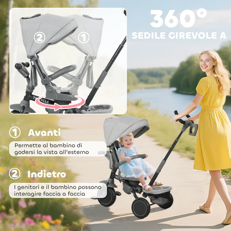 AIYAPLAY Triciclo per Bambini 6 in 1 con Maniglione di Spinta e Sedile Girevole, 111.5x52x98 cm, Grigio