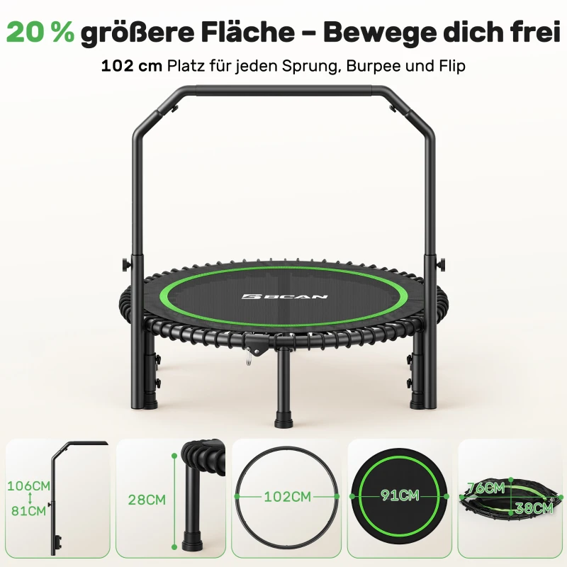 Rebounder-Trampolino per adulti, pieghevole, maniglione regolabile, pedane antiscivolo, 102x102x106 cm, Nero+Verde