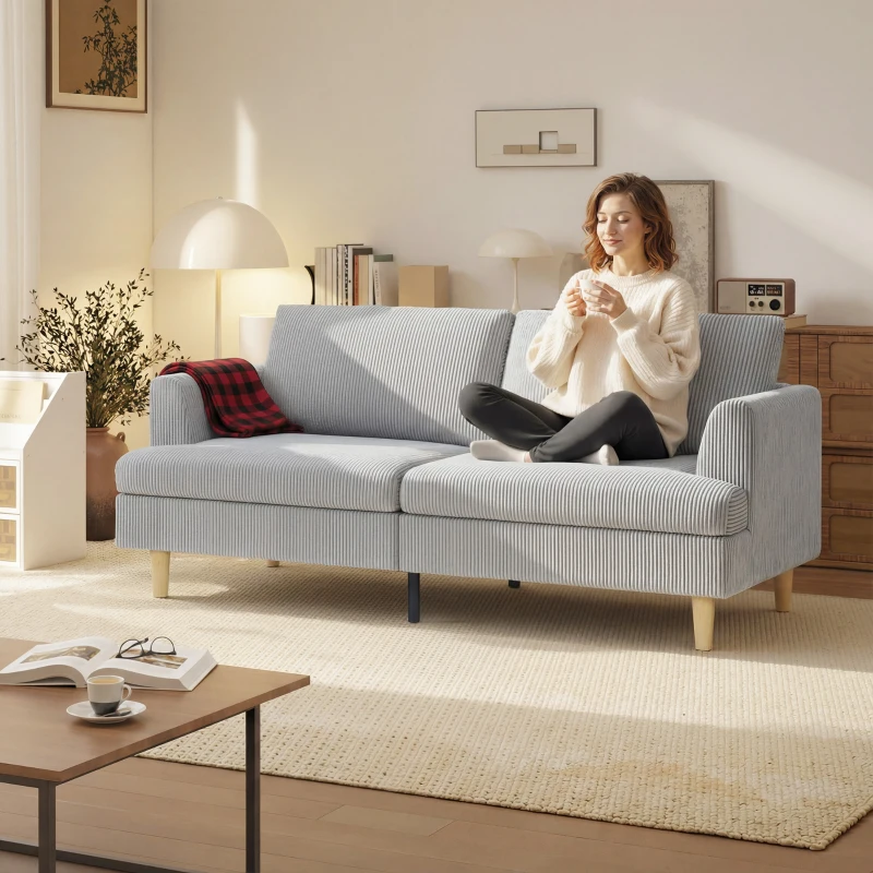 HOMCOM 3-zitsbank, bank met armleuningen, gewatteerde bank met cord-look voor woonkamer lichtgrijs