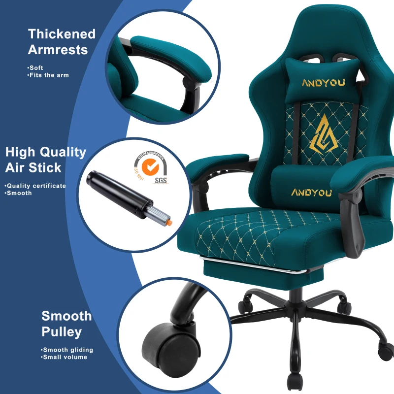 Sedia da gaming con poggiapiedi, cuscino morbido per nuca e lombare, cuscini di supporto rimovibili, 60x60x122 cm, blu marino