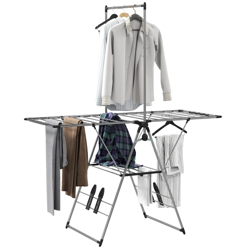 HOMCOM Vouwbaar wasrek staand droogrek met verstelbare vleugels, schoenhouders, RVS, 156,5 x 68 x 192 cm, Zilver