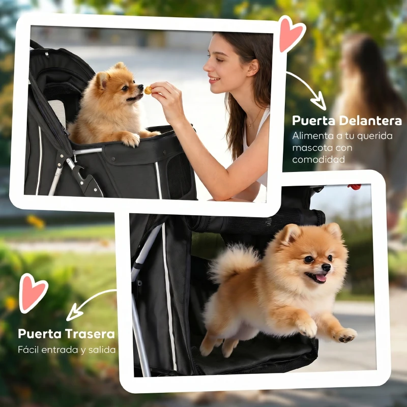 PawHut Carrito para Perros Pequeños con Cesta de Almacenaje Ventanas de Malla y Cinturón de Seguridad 77x44x102 cm Negro