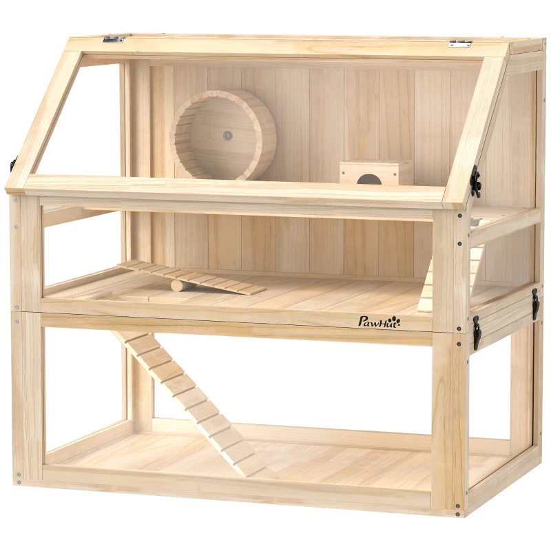 PawHut Kleine Hamsterkooi Compacte 3 Lagen met Vouwbaar Deksel Looprad voor Appartement Natuurhout(m-10)