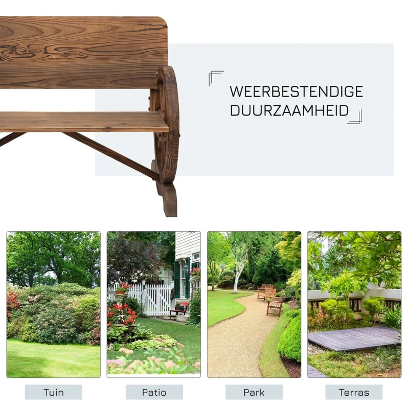 Outsunny Tuinbank bank tuinmeubelen armleuning wagen wielen design massief hout bruin