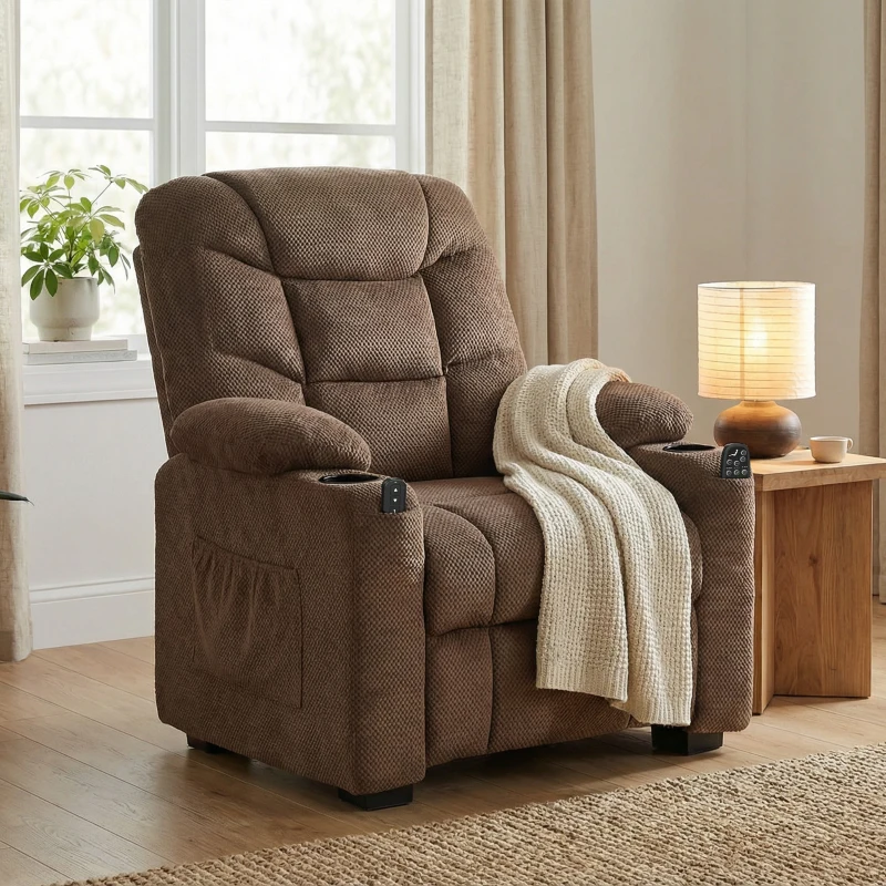 HOMCOM Cadeirão Relax Reclinável Elétrico com Calor Lombar, Massagem Vibratória, Motor Silencioso, Função Memória, Bolsos e USB, Castanho