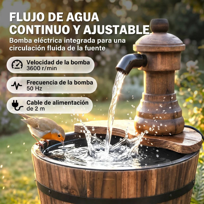 Outsunny Fuente de Jardín de Madera en Cascada con Bomba Eléctrica y Salida de Agua Ajustable 27x27x37 cm Natural