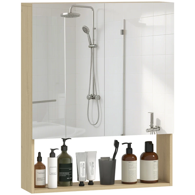 HOMCOM badkamerkast, spiegeldeuren, open rek, wandmontage, MDF, spaanplaat, eiken