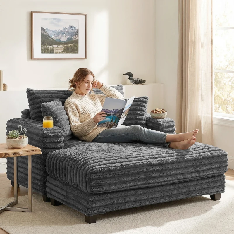 HOMCOM Chaiselongue 2-zits grote slaapbank 134 x 151 cm met bekerhouder voor woonkamer, grijs