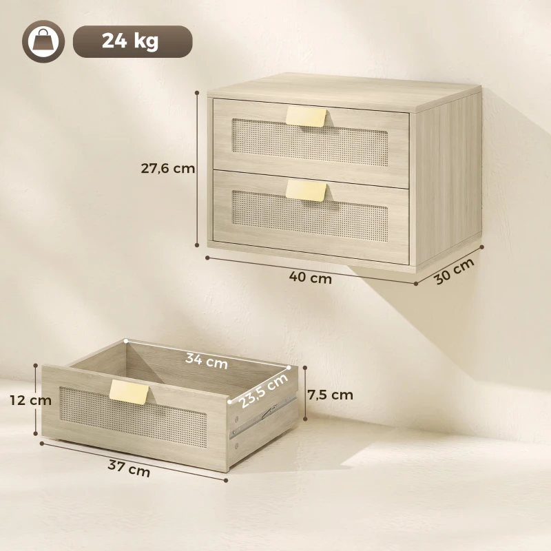 HOMCOM Juego de 2 Mesitas de Noche Flotantes con 2 Cajones con Frente de Ratán Natural para Dormitorio 40x30x27,6 cm Roble
