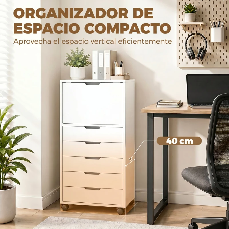 HOMCOM Cajonera de Oficina con 5 Cajones Ruedas y Armario con Cierre Suave Soporte para Impresora Blanco