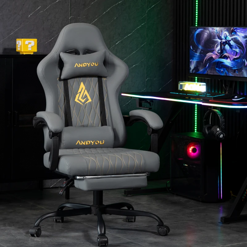 Sedia gaming con poggiapiedi, morbido cuscino per collo e lombare, cuscini di supporto rimovibili, 60x60x122 cm, Grigio