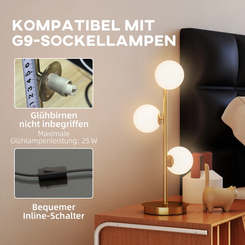 HOMCOM Tafellamp met 3 bolkappen, met stabiele stalen voet, G9-fittingen, 24 x 24 x 53 cm, Messing