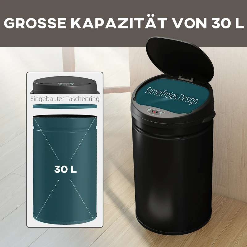 HOMCOM 30 Liter Sensor-prullenbak met Soft-Close-functie, contactloze afvalbak van roestvrij staal voor hygiënische keukens