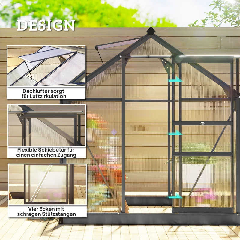 Outsunny Gewächshaus Aluminium 3,65m² 190x192x201cm mit Fundament Dachfenster Schiebetür 4 mm Platten, UV-beständig