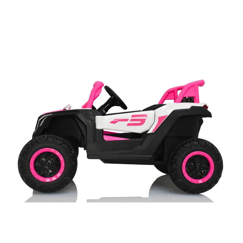 12V Veicolo elettrico per bambini 2 posti, ammortizzazione anteriore/posteriore e funzione d'oscillazione, 111x70x63 cm, Rosa+Bianco