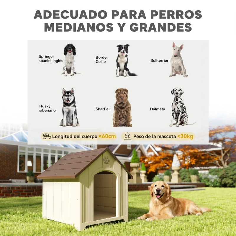 PawHut Caseta para Perros Exterior Casa para Perros Grandes de Plástico con 2 Ventanas Base Elevada Estacas Beige