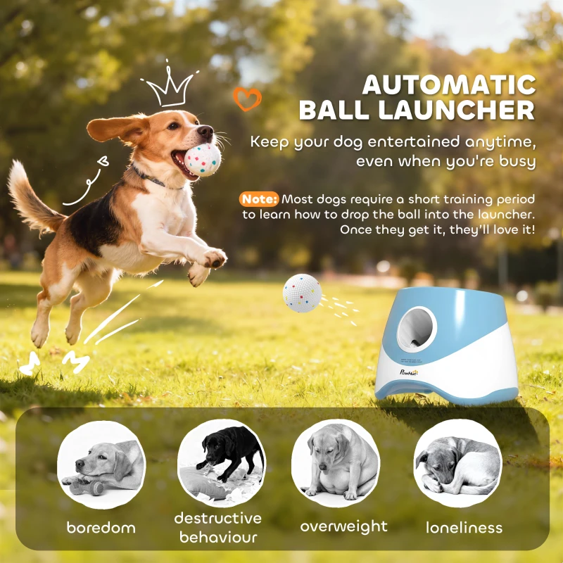 PawHut Automatic Dog Ball Launcher with 5 ETPU Balls 5.8 cm, 3 Distance Settings 6/10/14 m, Blue