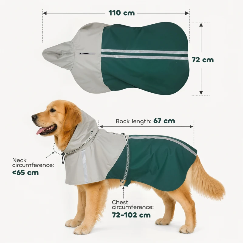 PawHut Dog Raincoat with Hood, Waterproof & Breathable Rain Jacket with Leash Hole, for Large Dogs, Green, L