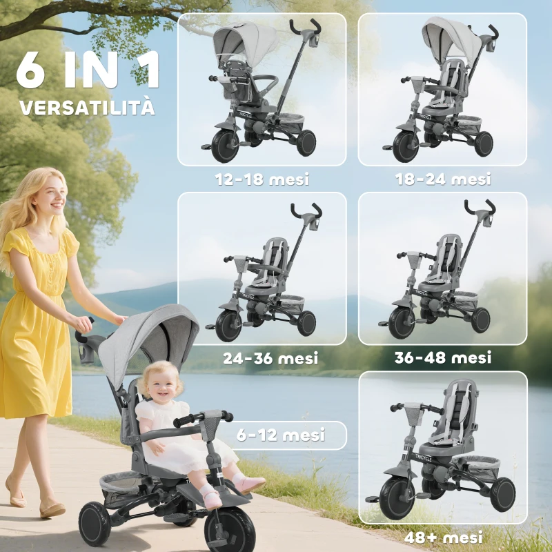 AIYAPLAY Triciclo per Bambini 6 in 1 con Maniglione di Spinta e Sedile Girevole, 111.5x52x98 cm, Grigio