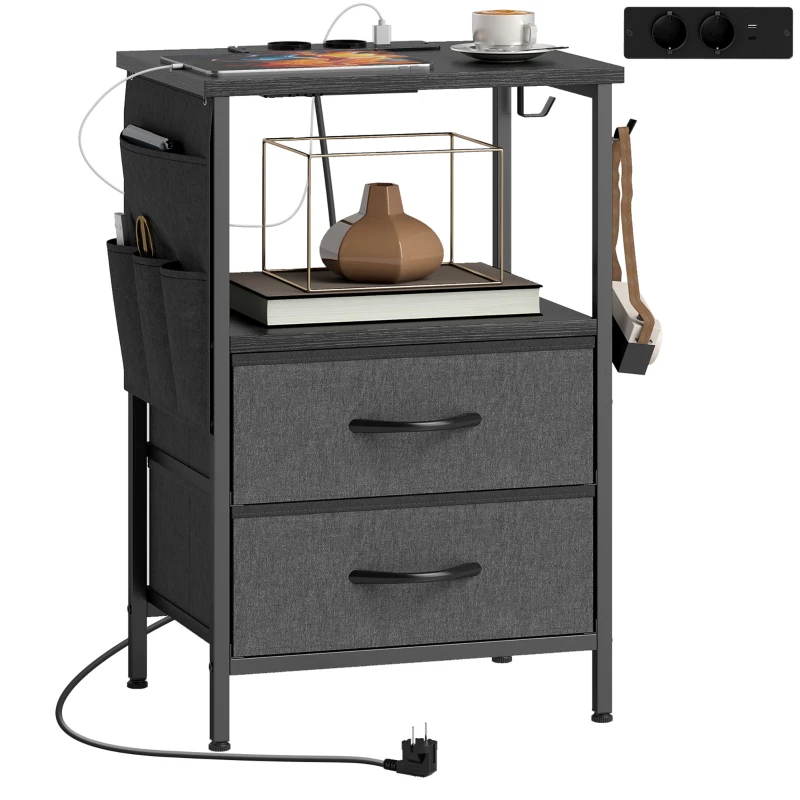 HOMCOM Salontafel/zijtafel met laadstation, stalen frame, USB-C-porten, lades, haken, 40cm x 30cm x 60cm Zwart