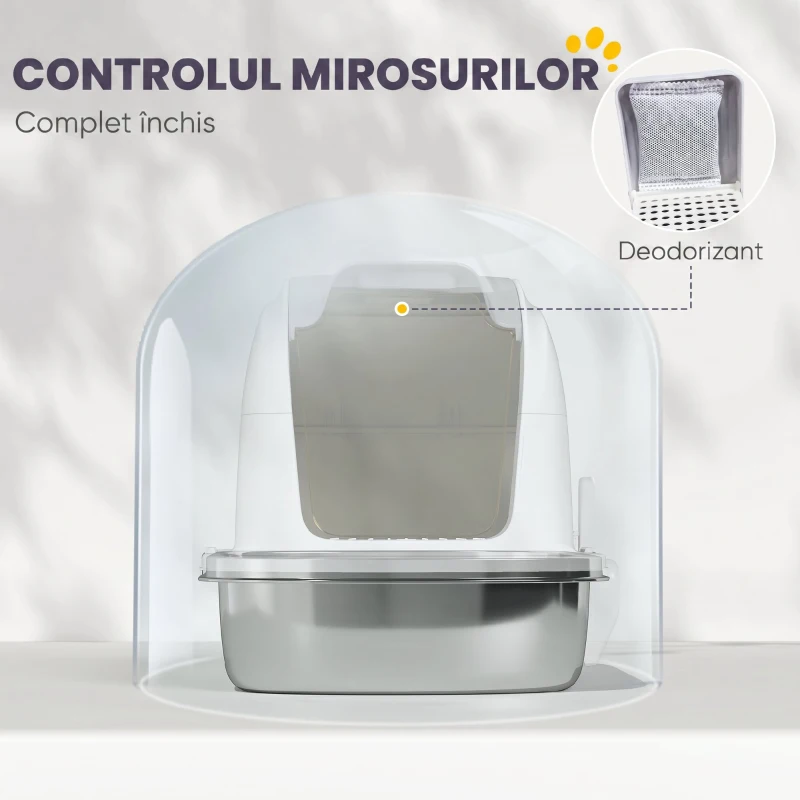 PawHut Litieră pentru Pisici Închisă din Oțel Inoxidabil XL cu Capac Detașabil