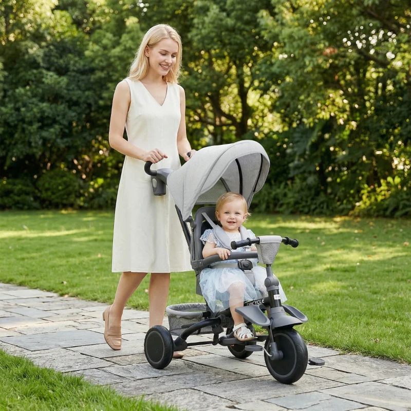 AIYAPLAY Triciclo per Bambini 6 in 1 con Maniglione di Spinta e Sedile Girevole, 111.5x52x98 cm, Grigio
