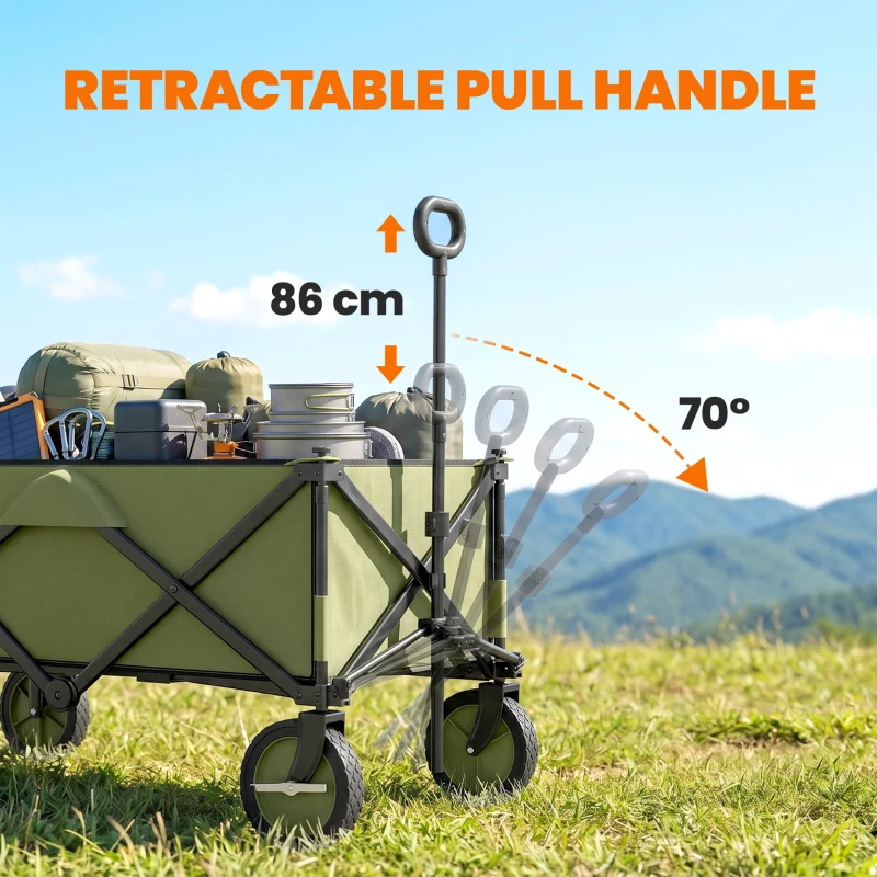Outsunny 125L Festival Trolley on Wheels, Folding Wagon Camping Trolley Cart with Removable Cover, Side Pockets, Adjustable Handle, Portable Wagon Cart for Outdoor Garden Shopping Picnic, Green