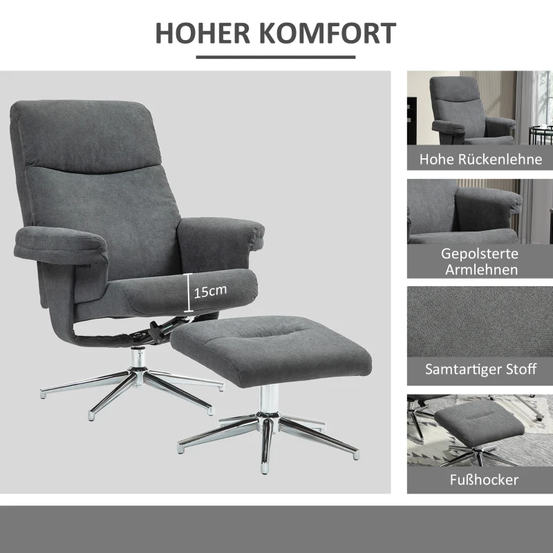 HOMCOM Relaxfauteuil met Voetenbank, Verstelbare Rugleuning, Fluweelachtig, Tot 150 kg, Antraciet