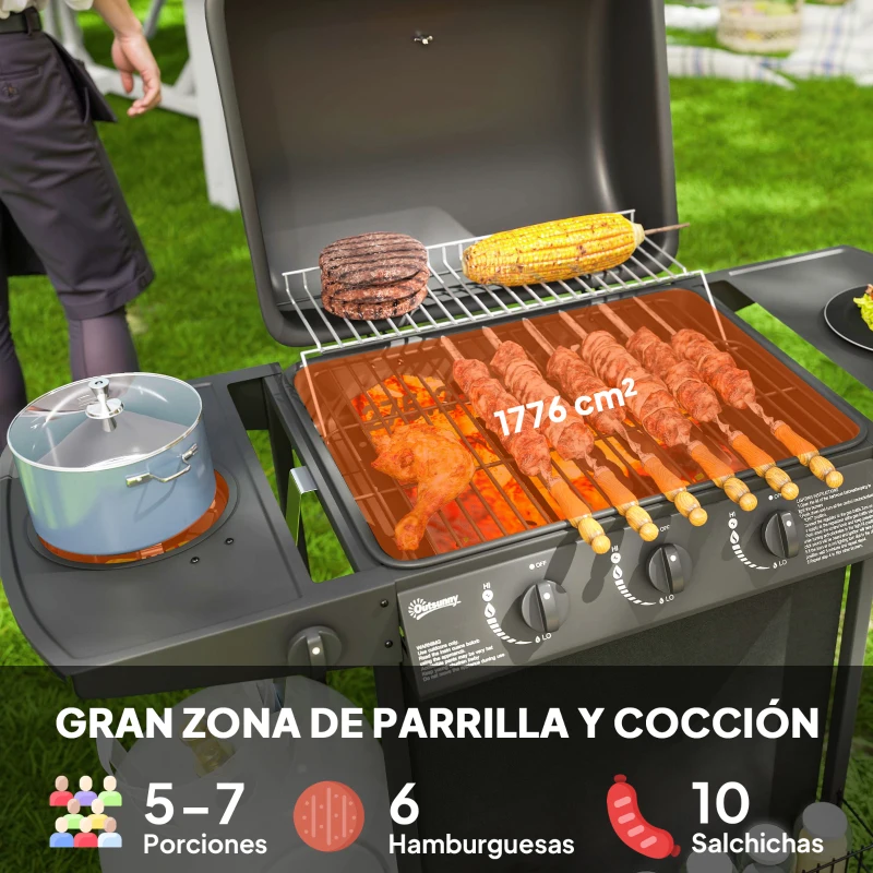 Outsunny Barbacoa de Gas con 3 Quemadores Quemador Lateral Tapa con Termómetro Parrilla y Mesa Lateral Ruedas 108x54x97 cm Negro