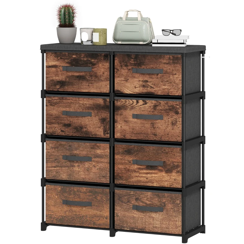 HOMCOM Kommode mit 8 Schubladen, Stoffkommode mit Metallgestell, für Schlafzimmer & Wohnzimmer, Vintage Braun