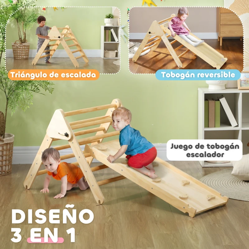 AIYAPLAY Triángulo de Escalada de Madera 3 en 1 con Rampa para Deslizarse o Escalar 147x64,5x63 cm Natural
