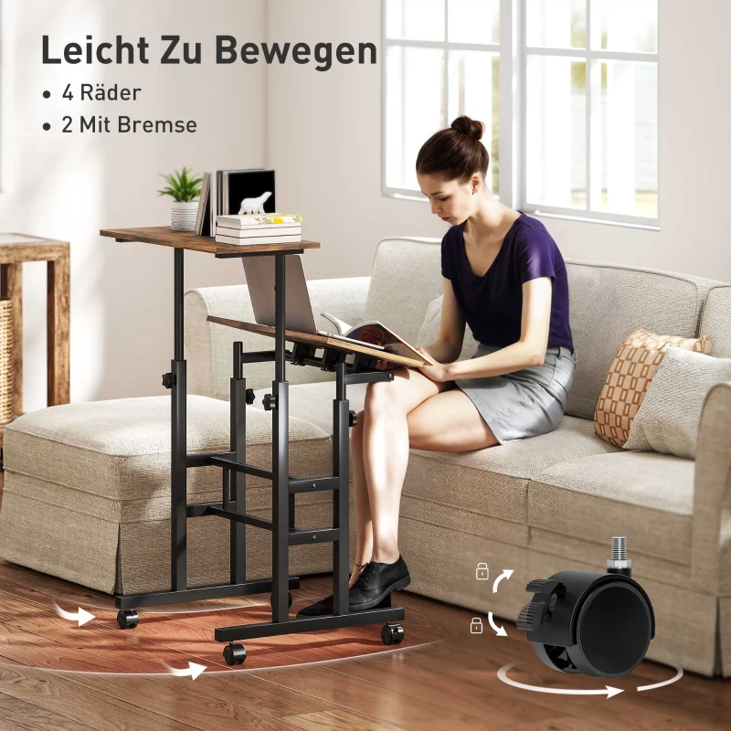 HOMCOM Bureau verstelbaar keukentafel met plank, wielen, computertafel Rustiek Braun 60 x 60 x 70,5-120 cm(m-6)