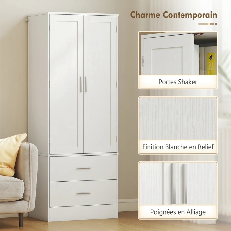 HOMCOM Buffet haut cuisine, armoire de cuisine, 2 portes, 8 porte-épices, 2 tiroirs, étagères réglables, 60x40x159cm, blanc(m-6)