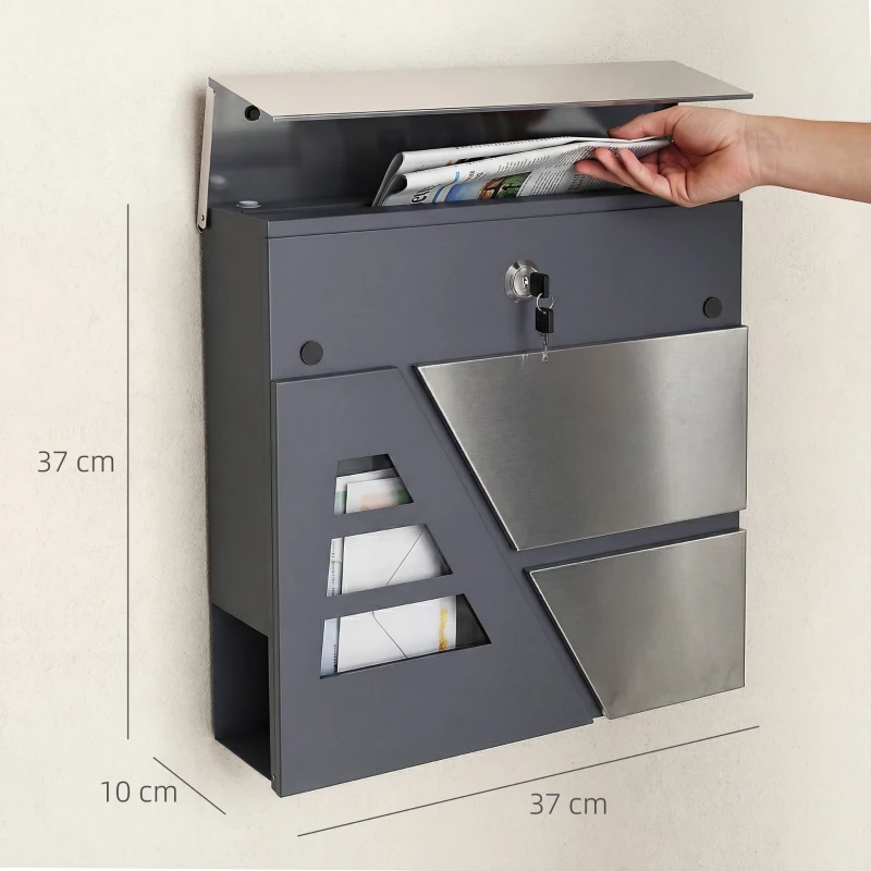 HOMCOM Buzón Exterior de Acero Inoxidable 13 L Buzón de Pared Correo con Cerradura y 2 Llaves Soporte Periódicos Gris Oscuro