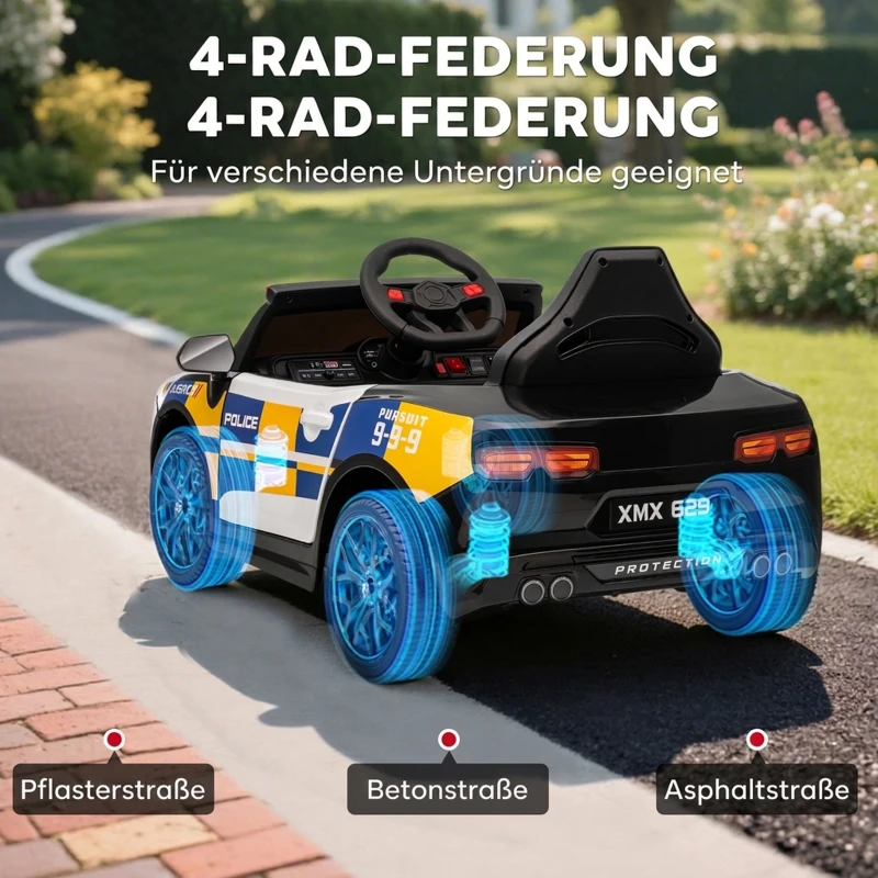 AIYAPLAY 12V Kinder Elektroauto Polizei Polizeiauto mit Fernbedienung Sirene Warnlicht Musik & Hupe Doppelmotoren Federung Weiß