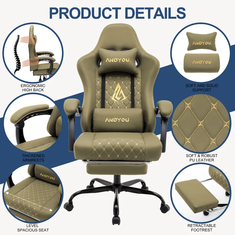 Sedia gaming ergonomica, regolabile in stile racing, seduta 100% in memory foam, cuscino poggiatesta e lombare, 60x60x122 cm, Verde