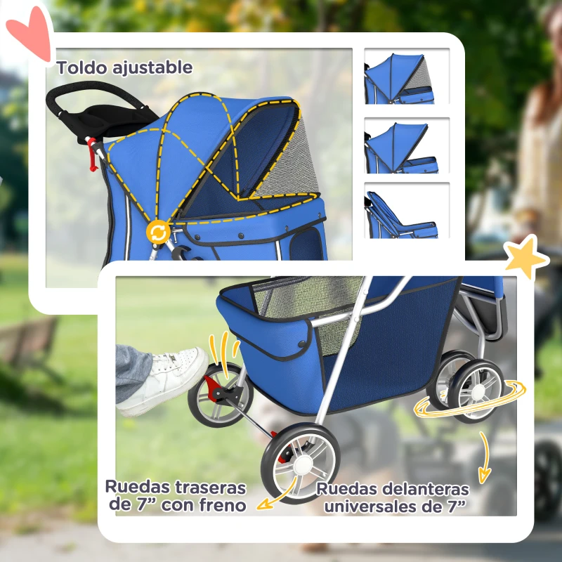 PawHut Carrito para Perros Pequeños con Cesta de Almacenaje Ventanas de Malla y Cinturón de Seguridad 77x44x102 cm Azul