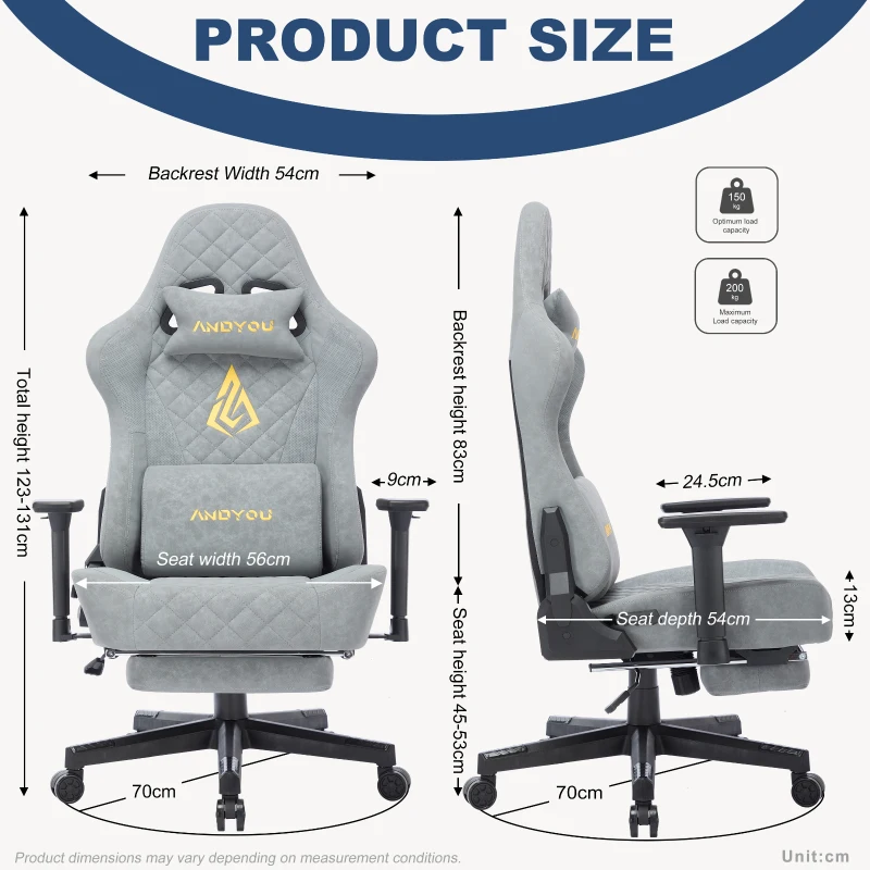 Fauteuil gamer ergonomique, entièrement rembourré, respirant, infroissable et durable, 70x70x131 cm, Gris