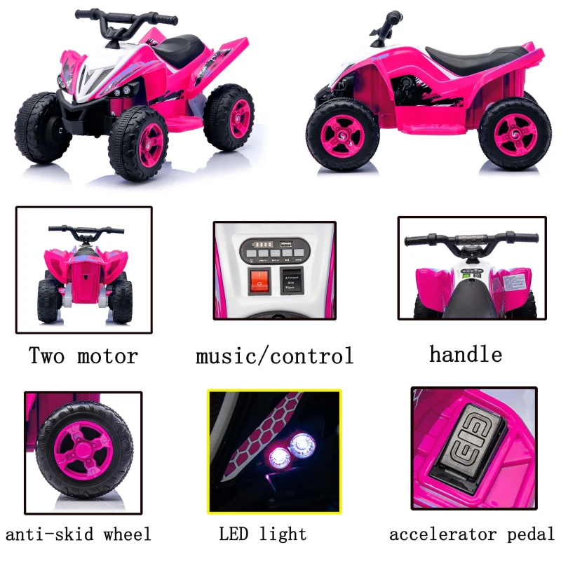 Kinder Quad elettrico 12V, due velocità (alta/bassa) e avanti/indietro, 85x55x55,3 cm, Rosa
